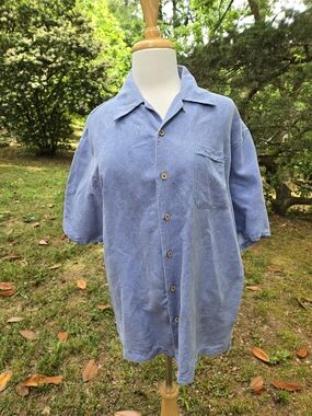 Seven Palm 100% Silk Hawaiian Camp Shirt Men’s Lrg Blue Jacquard Tropical Aloha
